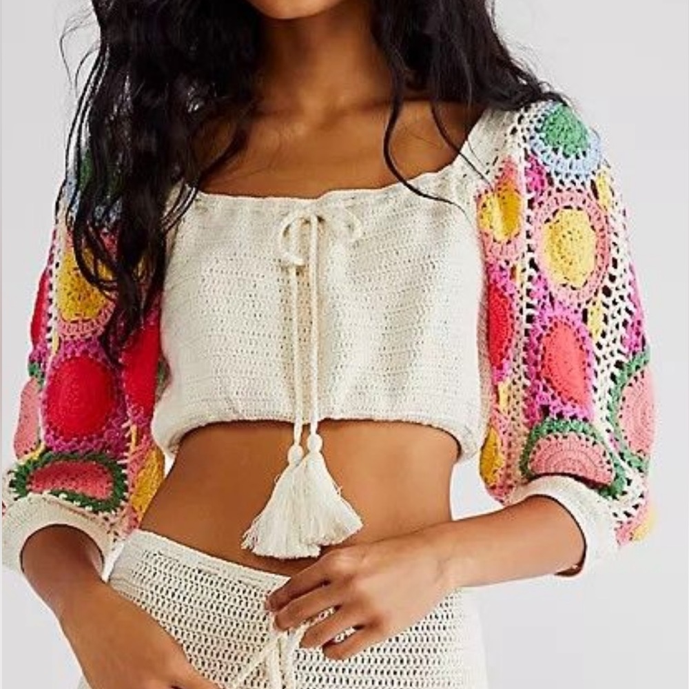 🎉HP Spell x Free People Let The Sunshine In Lg Ivory Crochet On/Off Shoulder